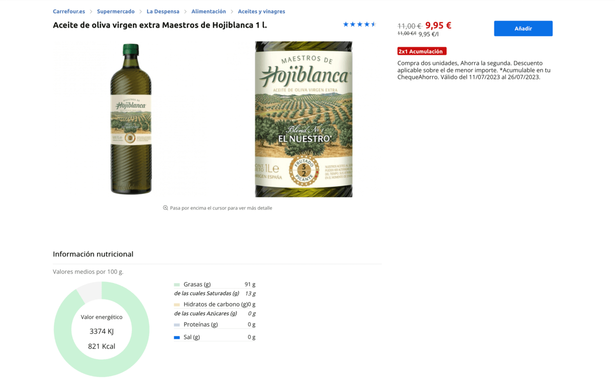 Un Aceite de Oliva Virgen Extra a 3 € / L comprando un pack de botellas en este súper - Hojiblanca