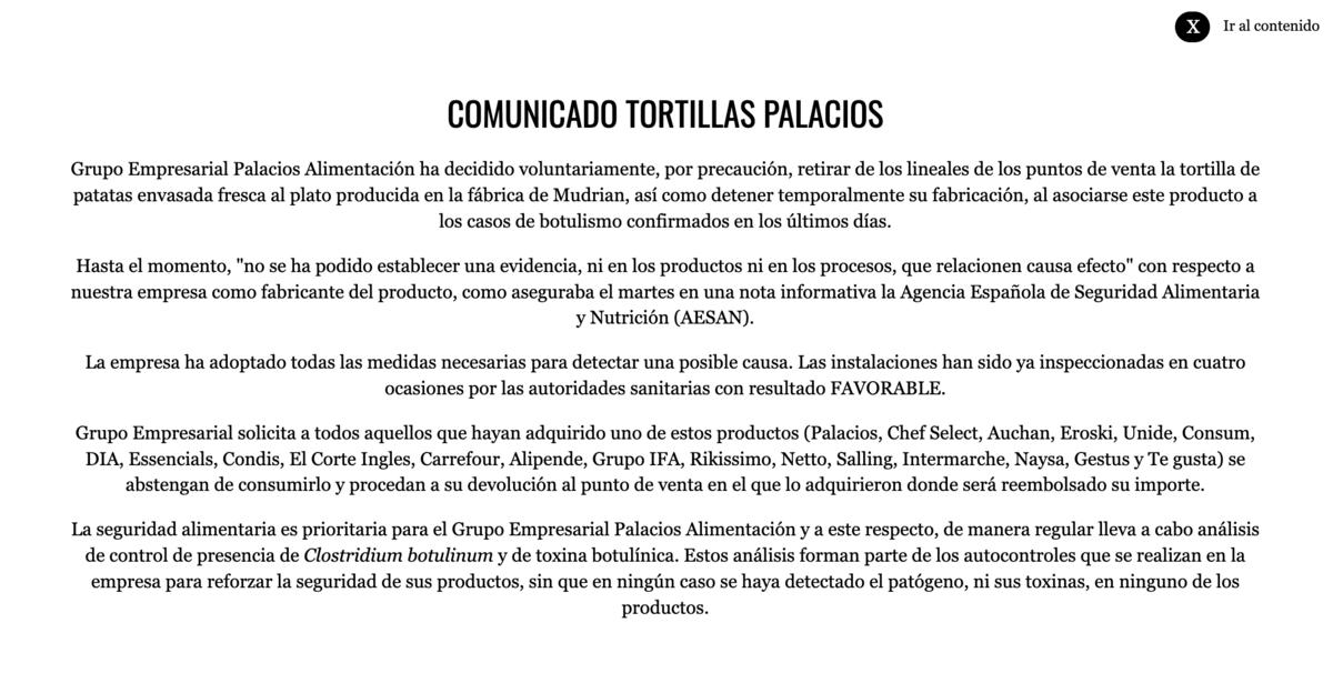 Alerta por botulismo: supermercados y marcas afectadas por la tortilla de patatas retirada - Comunicado