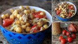 Garbanzos fritos con tomate y atún